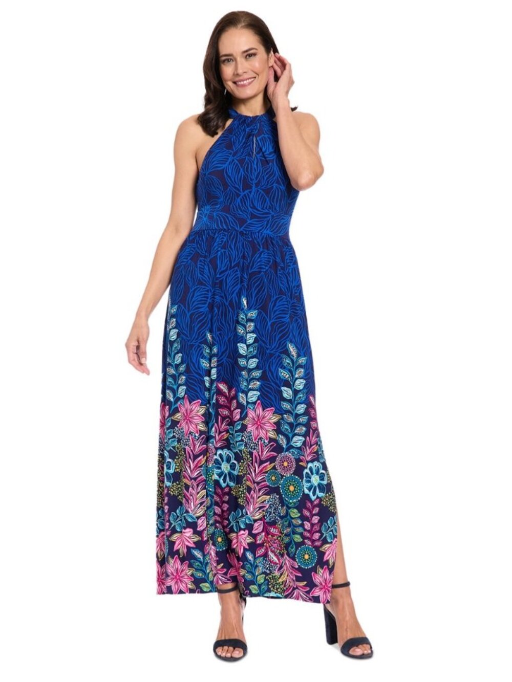 Floral Print Halter Maxi Dress By London Times - Blue/Multi -